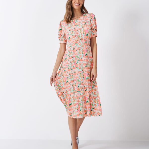 Crew Clothing Women's Jersey Floral Midi Tea Dress - 14 - Orange Mix, Orange Mix