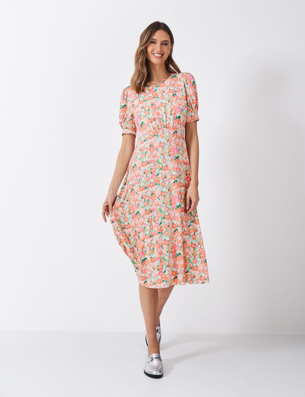 Crew Clothing Women's Jersey Floral Midi Tea Dress - 14 - Orange Mix, Orange Mix