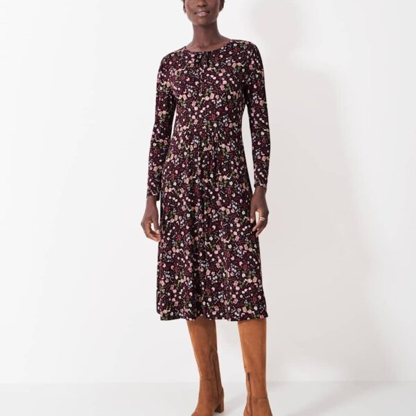 Crew Clothing Women's Jersey Floral Tie Neck Midi Tea Dress - 12 - Brown Mix, Brown Mix