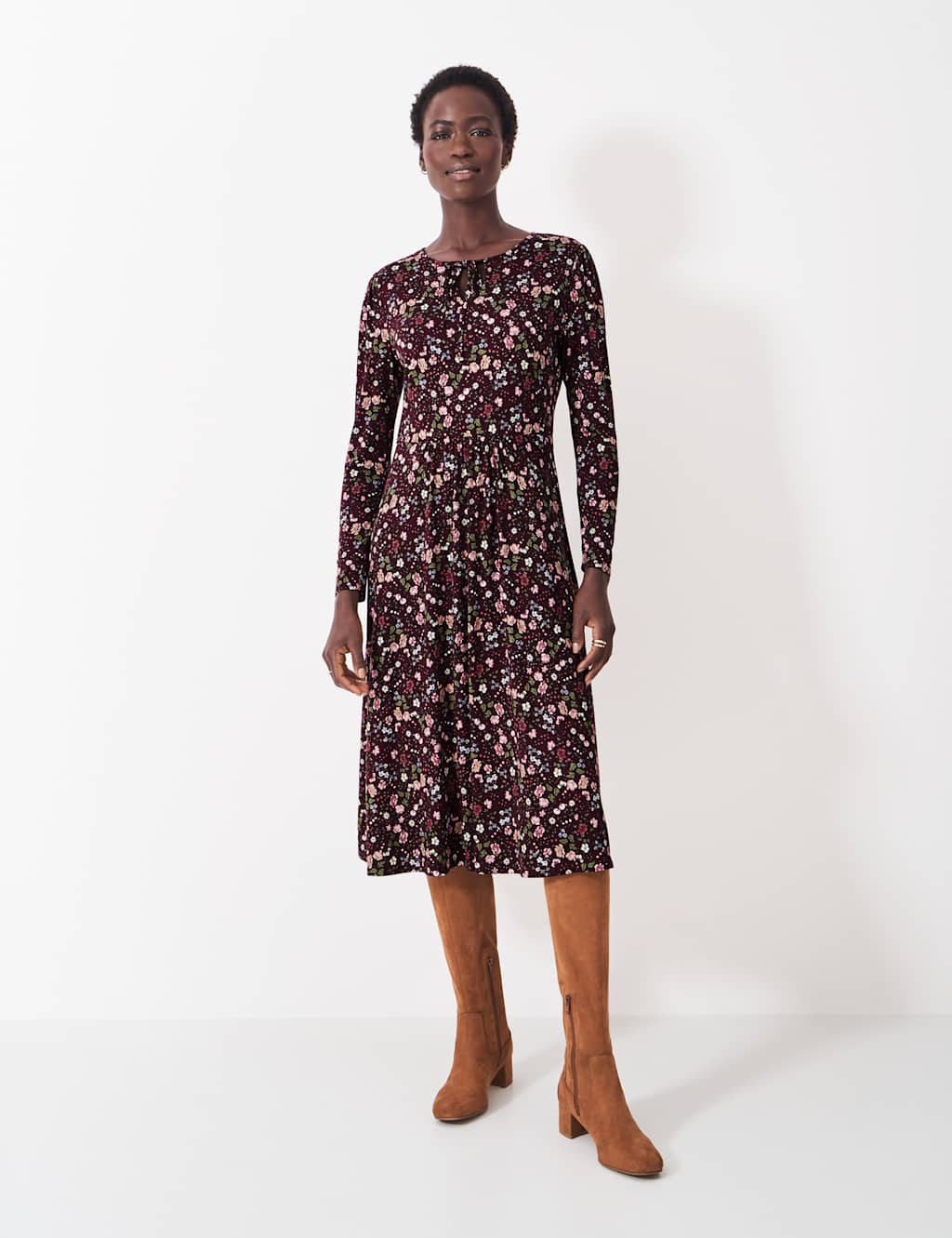 Crew Clothing Women's Jersey Floral Tie Neck Midi Tea Dress - 12 - Brown Mix, Brown Mix
