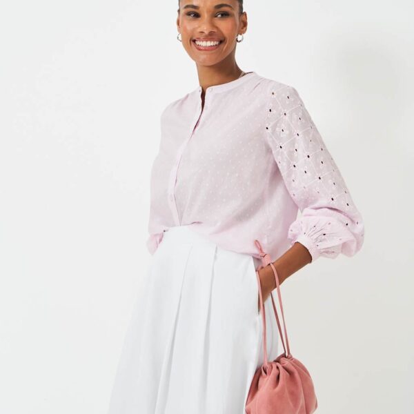 Crew Clothing Women's Pure Cotton Broderie Button Through Blouse - 12 - Light Pink, White,Light Pink