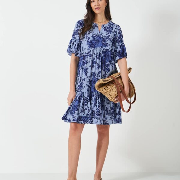 Crew Clothing Women's Floral Notch Neck Knee Length Beach Dress - 10 - Blue Mix, Blue Mix