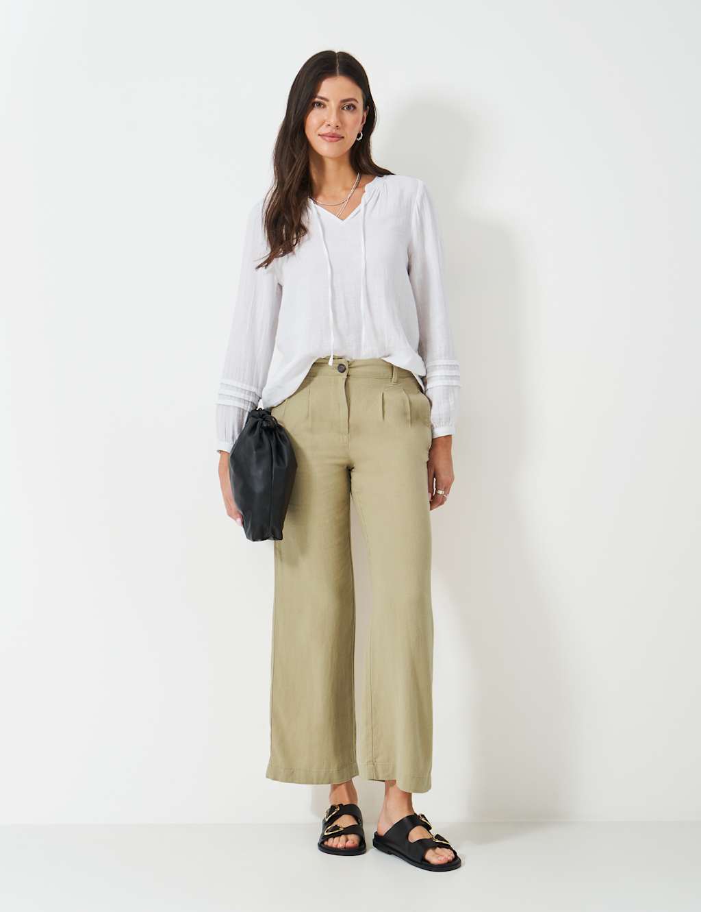 Crew Clothing Women's Linen Rich Striped Wide Leg Trousers - 12 - Stone, Stone,Medium Red,Pink,Khaki