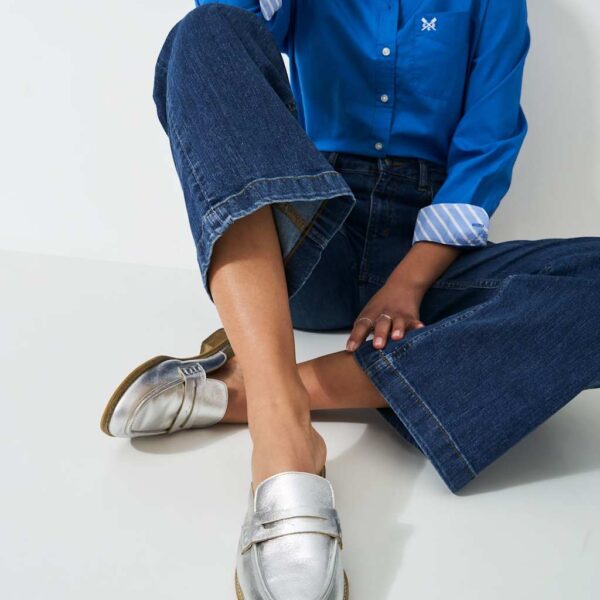 Crew Clothing Women's Leather Metallic Backless Block Heel Loafers - 39 - Silver Grey, Silver Grey