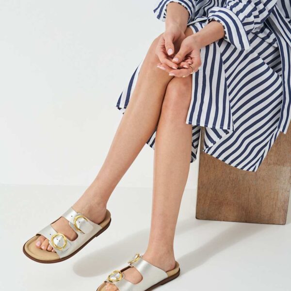 Crew Clothing Women's Leather Metallic Buckle Flat Sandals - 39 - Silver Grey, Silver Grey