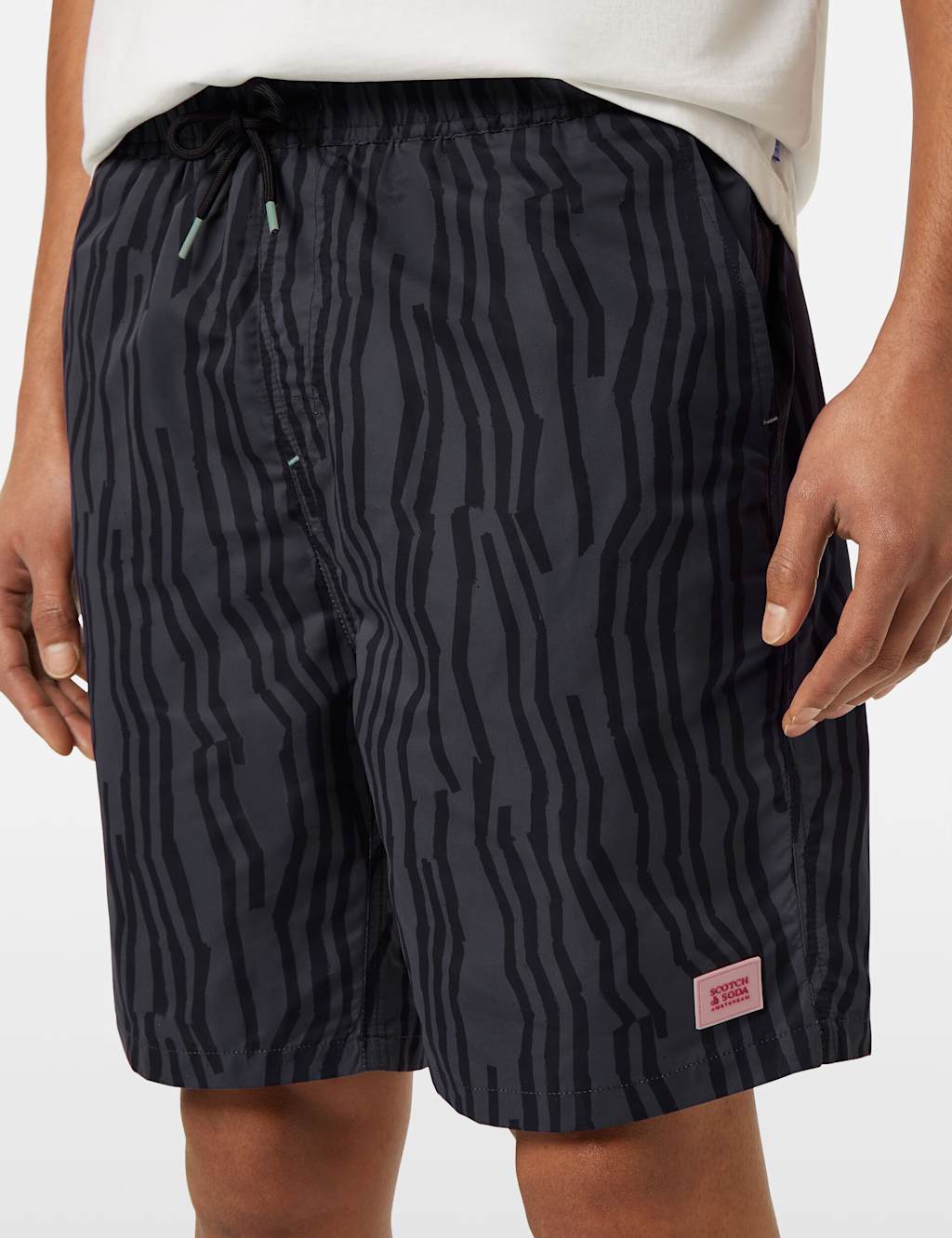 Scotch & Soda Men's Pocketed Printed Longer Length Swim Shorts - Black, Black