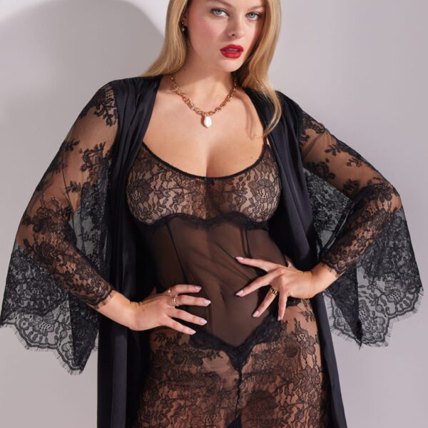 Boux Avenue Women's Mariella Satin Lace Trim Robe - Black, Black