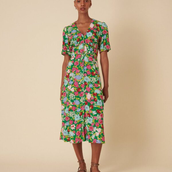 Nobody's Child Women's Floral V-Neck Midi Tea Dress - 16REG - Green Mix, Green Mix