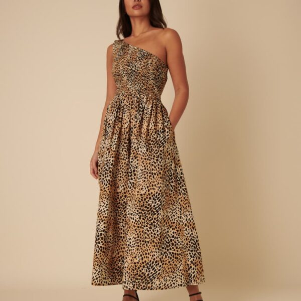 Nobody's Child Women's Pure Cotton Animal Print One Shoulder Midaxi Waisted Dress - 14 - Brown Mix, Brown Mix