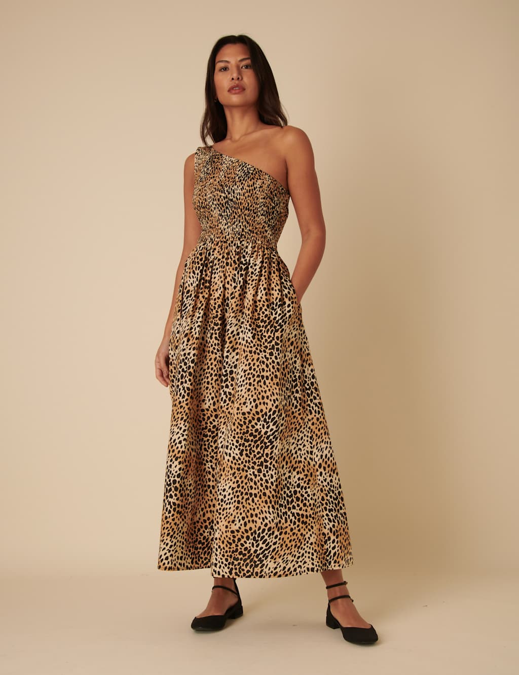Nobody's Child Women's Pure Cotton Animal Print One Shoulder Midaxi Waisted Dress - 14 - Brown Mix, Brown Mix