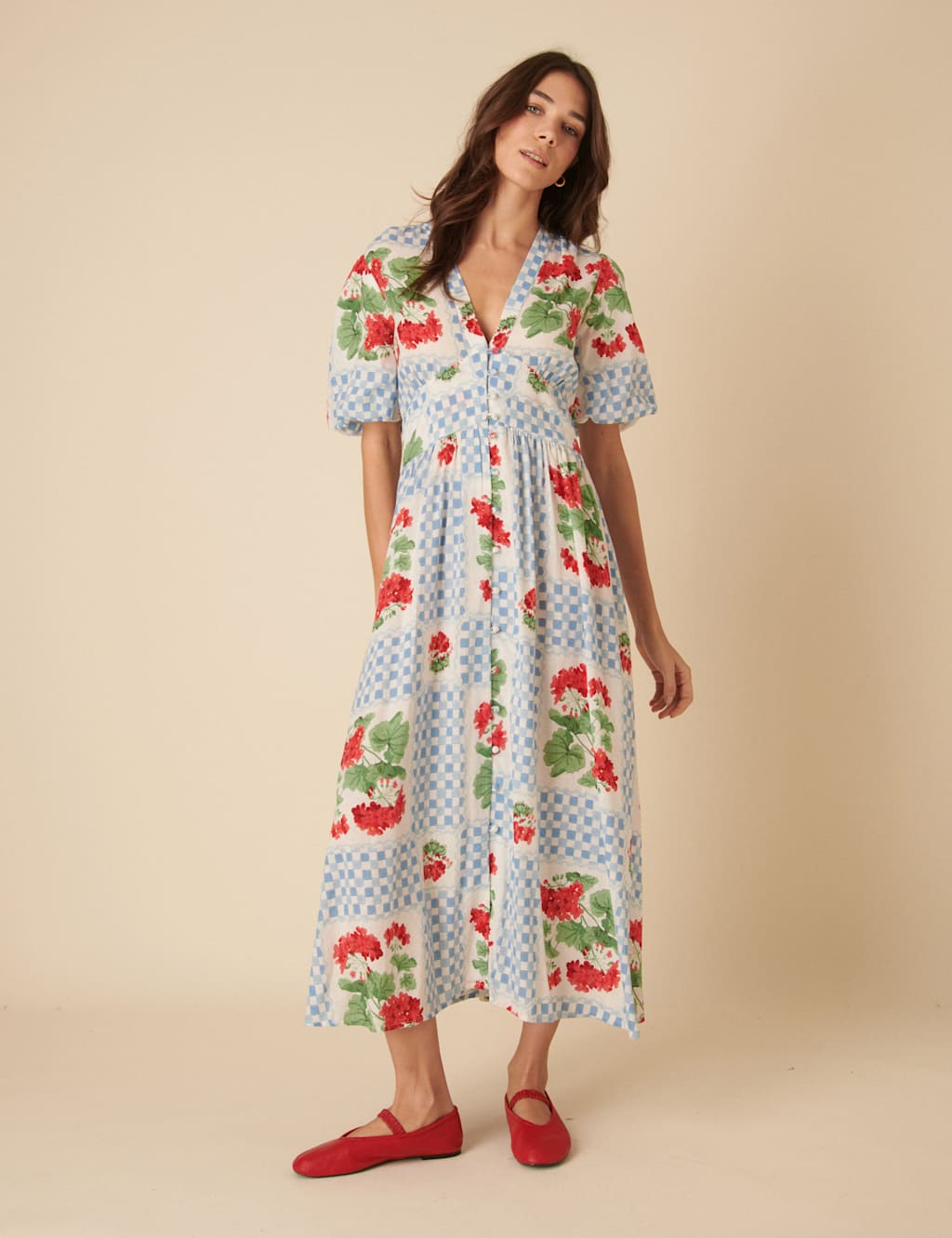 Nobody's Child Women's Lyocell Rich Floral V-Neck Midaxi Waisted Dress - 12REG - Red Mix, Red Mix