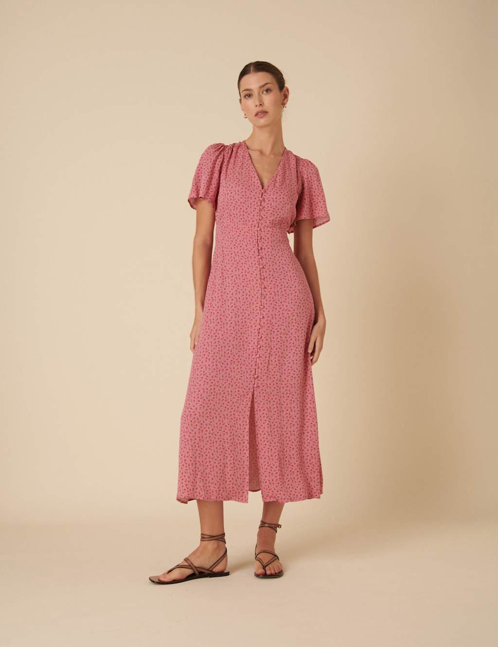 Nobody's Child Women's Floral V-Neck Button Through Midaxi Tea Dress - 12 - Pink Mix, Pink Mix