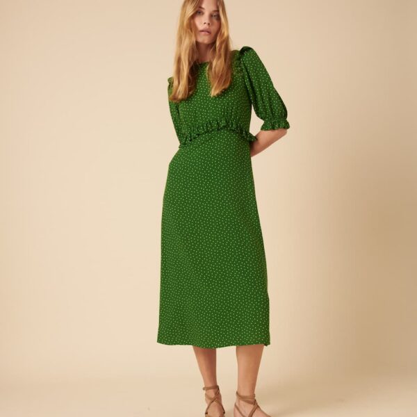 Nobody's Child Women's Pure Cotton Polka Dot Frill Detail Midi Tea Dress - 14 - Green Mix, Green Mix