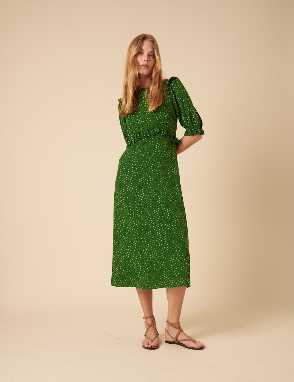 Nobody's Child Women's Pure Cotton Polka Dot Frill Detail Midi Tea Dress - 14 - Green Mix, Green Mix