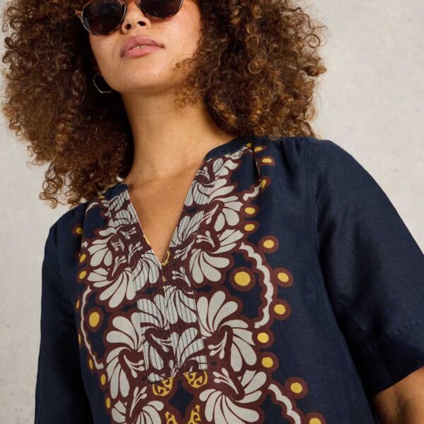 White Stuff Women's Pure Linen Printed Knee Length Shift Dress - 12REG - Navy Mix, Navy Mix