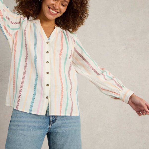 White Stuff Women's Pure Cotton Jacquard Striped Notch Neck Top - 12 - Natural Mix, Natural Mix