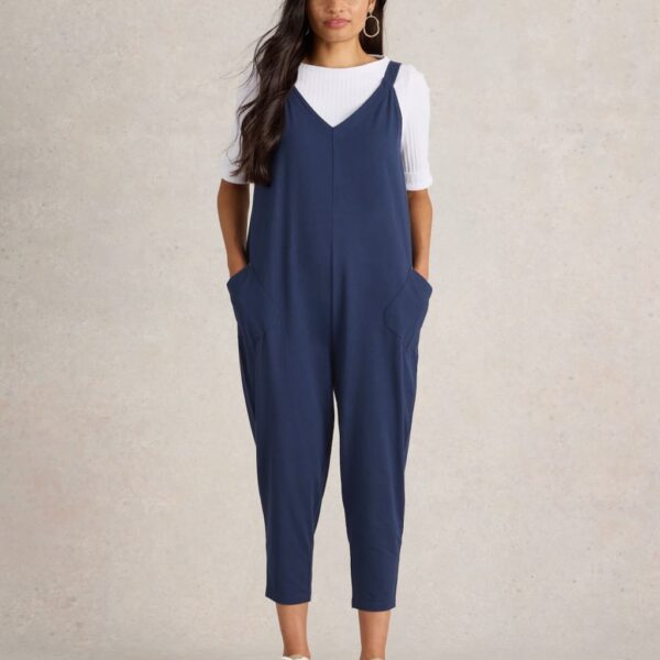 White Stuff Women's Cotton Rich Jersey Cropped Jumpsuit - 12 - Navy, Navy,Green