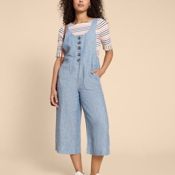 White Stuff Women's Pure Linen Cropped Dungarees - 14REG - Light Blue, Black,Light Blue