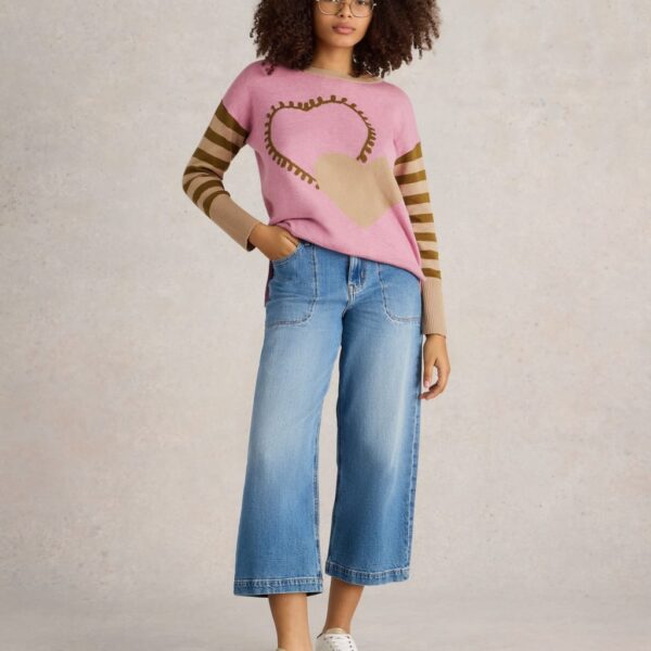 White Stuff Women's Cotton Rich Heart Crew Neck Jumper - 6 - Pink Mix, Pink Mix