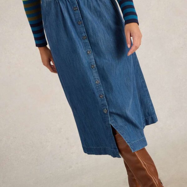 White Stuff Women's Pure Cotton Denim Button Front Midi A-Line Skirt - 14REG - Med Blue Denim, Med Blue Denim