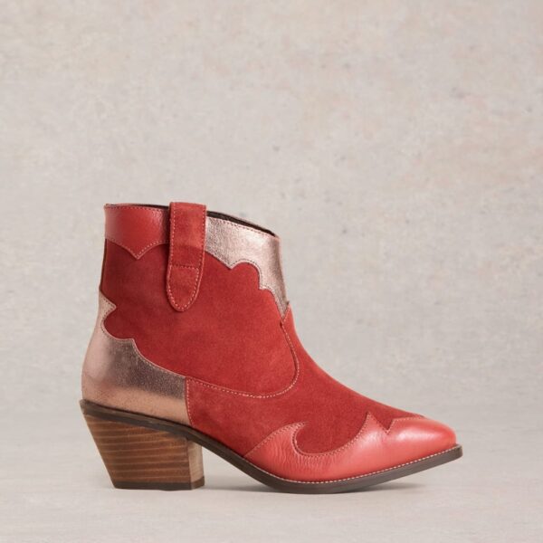 White Stuff Women's Leather Patchwork Block Heel Ankle Boots - 6 - Red Mix, Red Mix