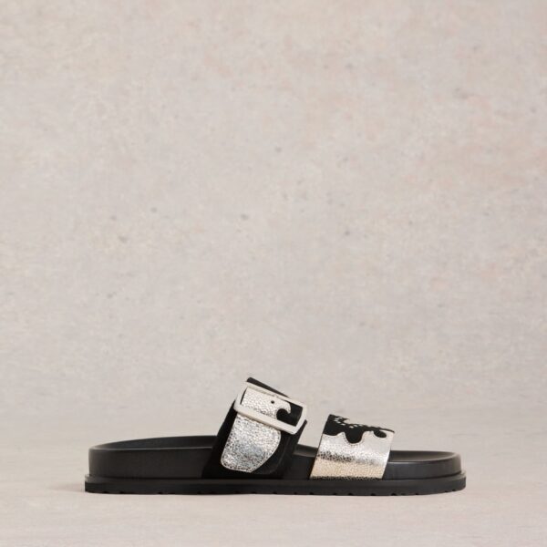 White Stuff Women's Leather Buckle Metallic Flat Sandals - 6 - Black Mix, Black Mix