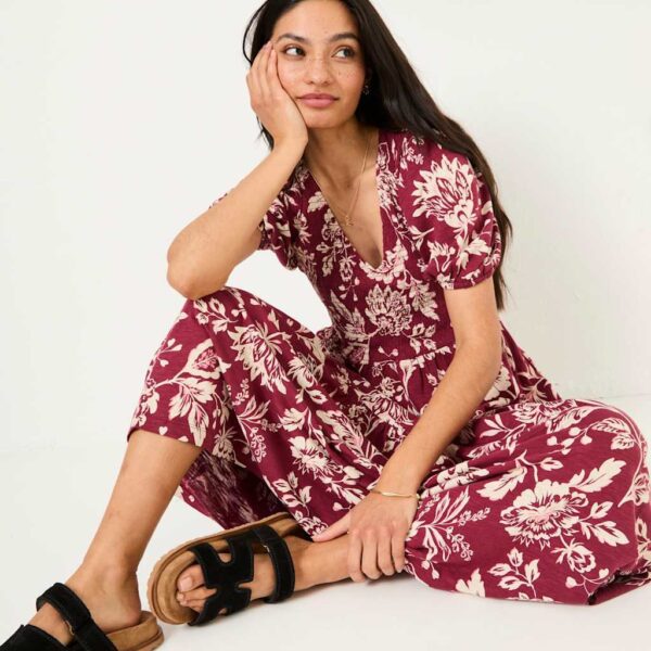 Fatface Women's Cotton Rich Floral V-Neck Midi Waisted Dress - 10REG - Burgundy Mix, Burgundy Mix