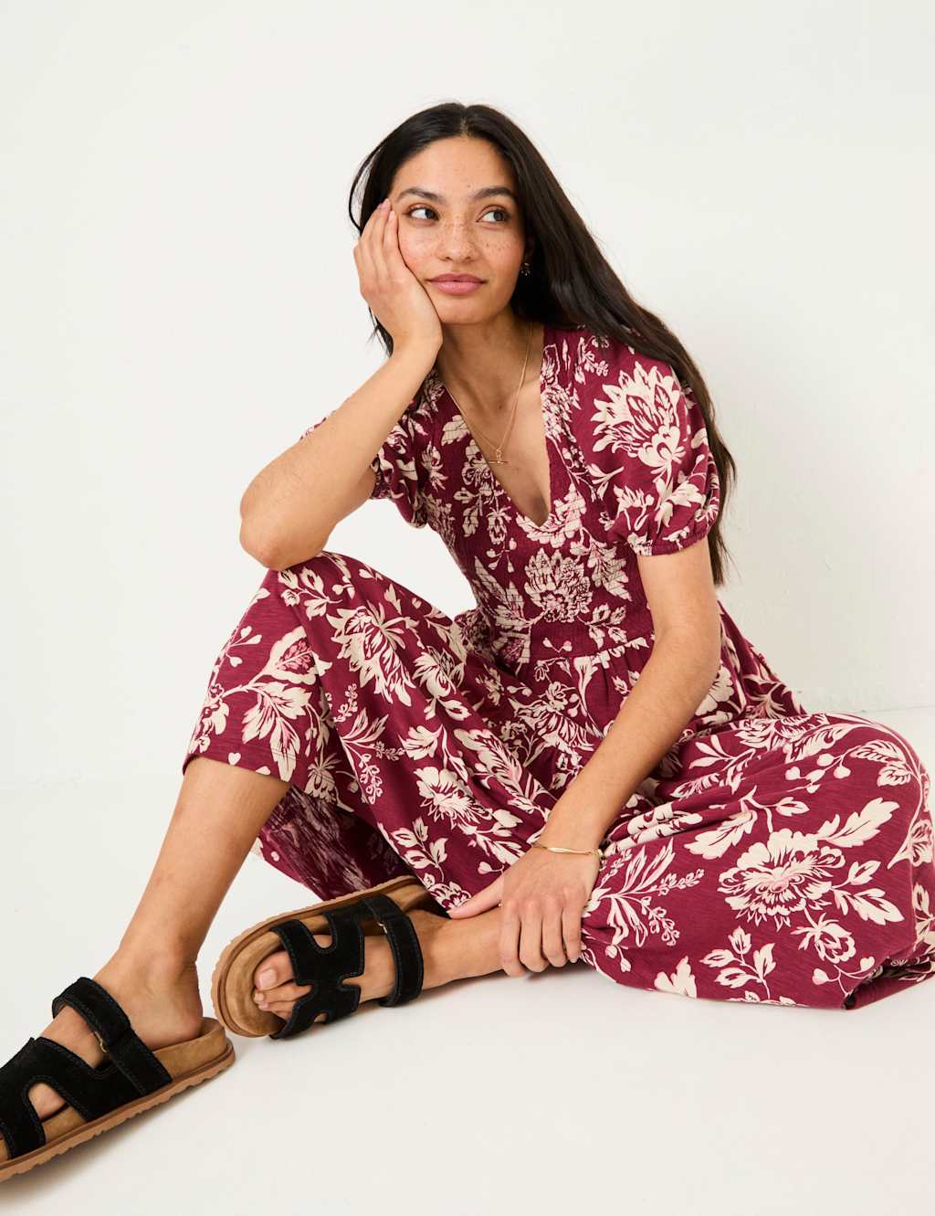 Fatface Women's Cotton Rich Floral V-Neck Midi Waisted Dress - 10REG - Burgundy Mix, Burgundy Mix