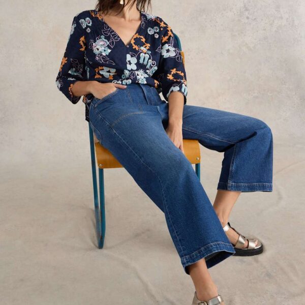 White Stuff Women's Mid Rise Wide Leg Cropped Jeans - 12REG - Med Blue Denim, Natural,Med Blue Denim