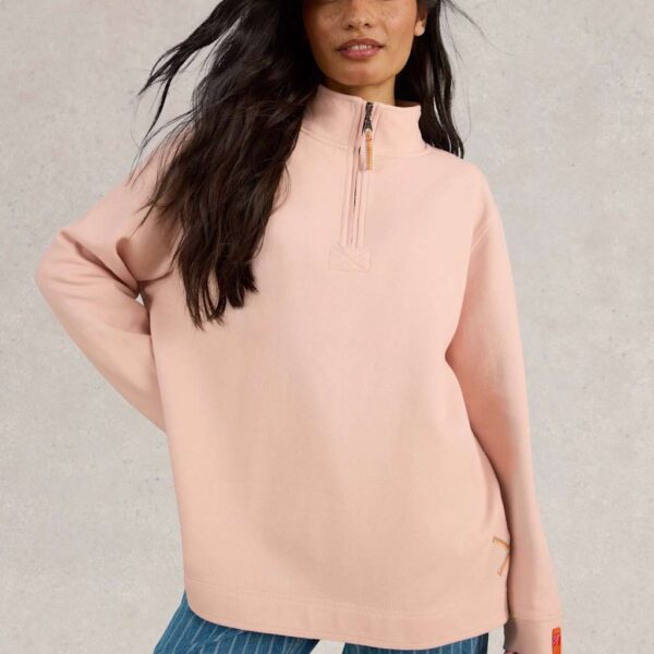 White Stuff Women's Pure Cotton Funnel Neck Half Zip Sweatshirt - Pink, Pink