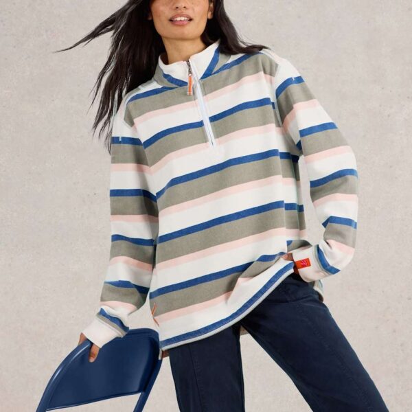 White Stuff Women's Pure Cotton Striped Funnel Neck Sweatshirt - M - Green Mix, Green Mix