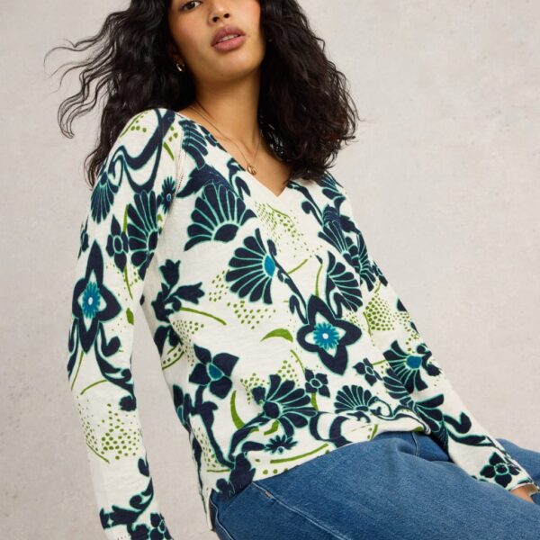 White Stuff Women's Cotton Rich Patterned V-Neck Jumper With Linen - 16 - Blue Mix, Blue Mix