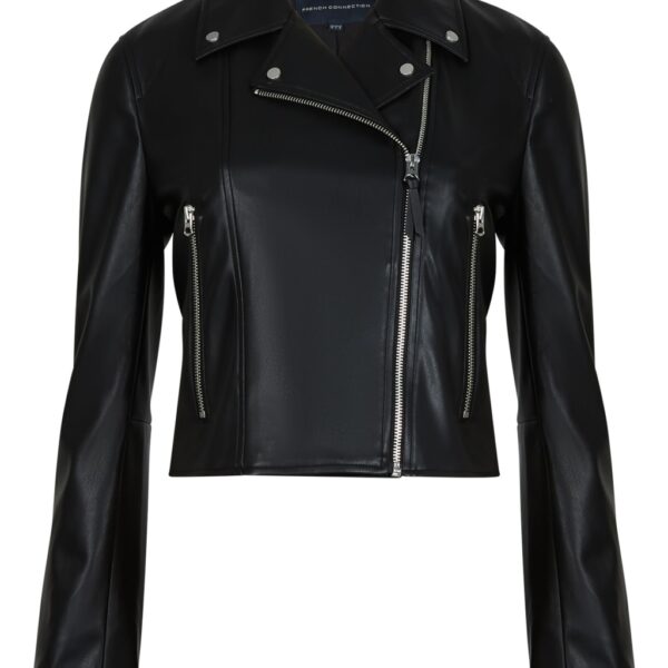French Connection Women's Faux Leather Cropped Biker Jacket - M - Black, Black