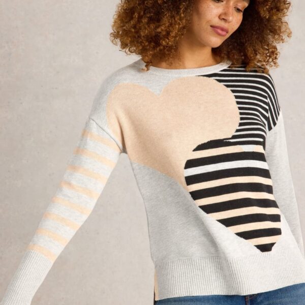White Stuff Women's Cotton Rich Striped Heart Crew Neck Jumper - 16 - Natural Mix, Natural Mix