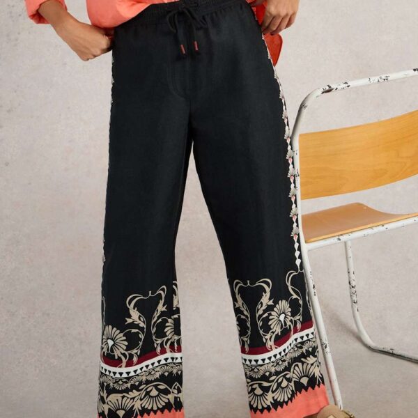 White Stuff Women's Pure Linen Printed Drawstring Wide Leg Trousers - 12REG - Black Mix, Black Mix,Navy Mix