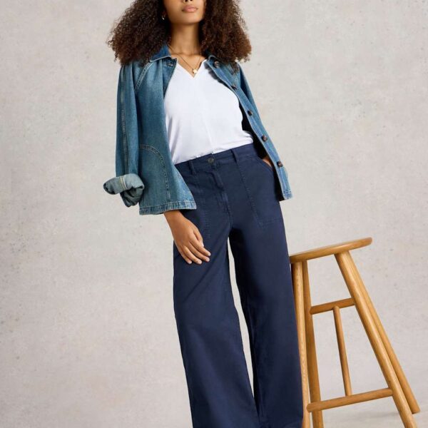 White Stuff Women's Cotton Rich Wide Leg Chinos With Linen - 18REG - Navy, Navy