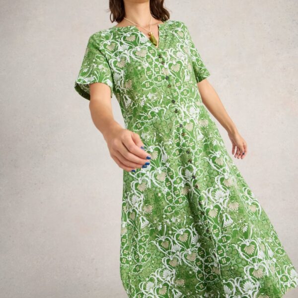 White Stuff Women's Pure Linen Notch Neck Button Through Tea Dress - 16REG - Green Mix, Green Mix