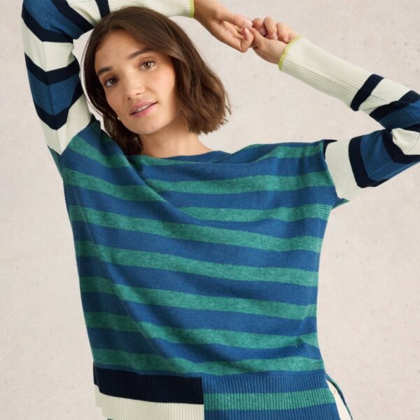 White Stuff Women's Cotton Blend Striped Crew Neck Jumper - 12 - Blue Mix, Blue Mix