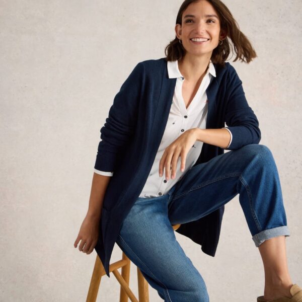 White Stuff Women's Cotton Blend Longline Cardigan - 10 - Navy, Natural,Navy