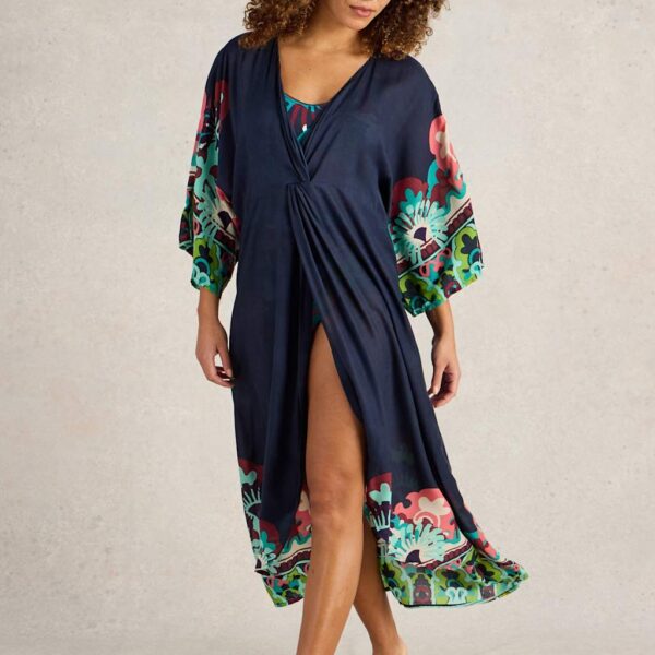 White Stuff Women's Printed V-Neck Midaxi Kimono - Navy Mix, Navy Mix