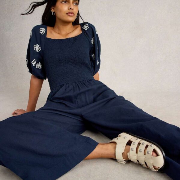 White Stuff Women's Cotton Linen Blend Embroidered Jumpsuit - Navy, Navy
