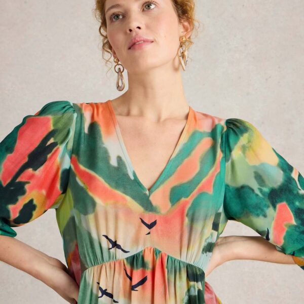 White Stuff Women's Printed V-Neck Midi Tea Dress - 12REG - Green Mix, Green Mix
