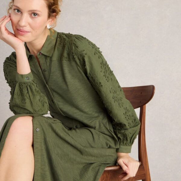 White Stuff Women's Cotton Rich Embroidered Midi Shirt Dress - 12REG - Green, Green