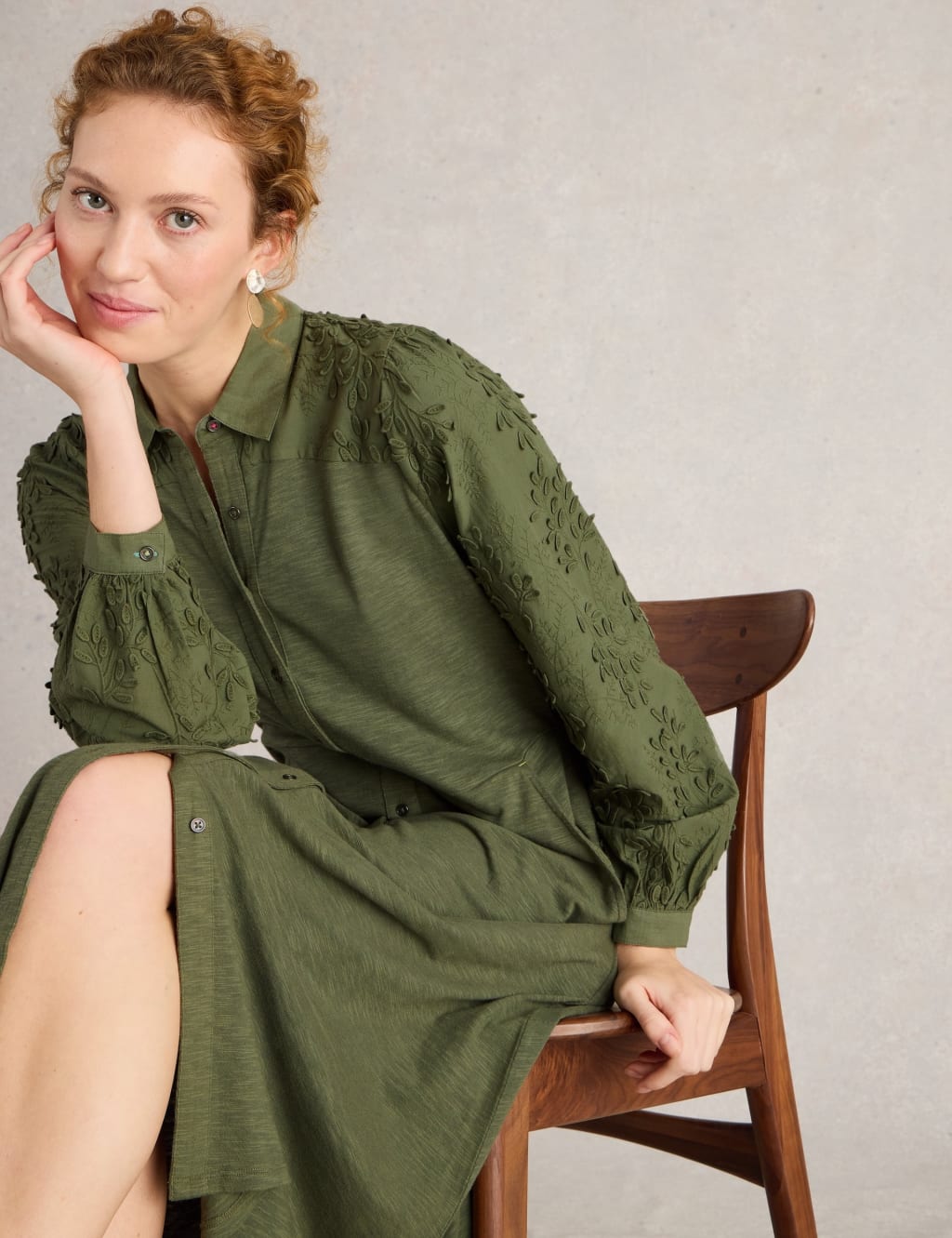 White Stuff Women's Cotton Rich Embroidered Midi Shirt Dress - 12REG - Green, Green