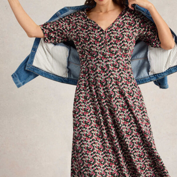 White Stuff Women's Jersey Heart Print V-Neck Midi Tea Dress - 12REG - Green Mix, Green Mix
