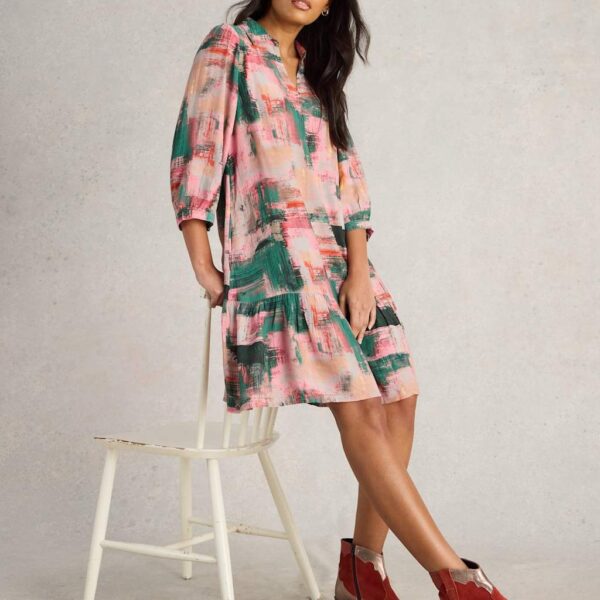 White Stuff Women's Printed Knee Length Relaxed Tiered Dress - 6REG - Pink Mix, Pink Mix