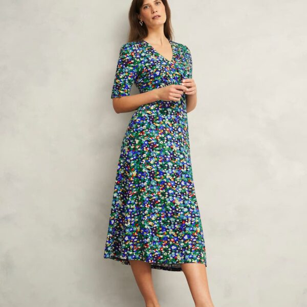Hobbs Women's Jersey Floral V-Neck Midi Tea Dress - 12REG - Multi, Multi