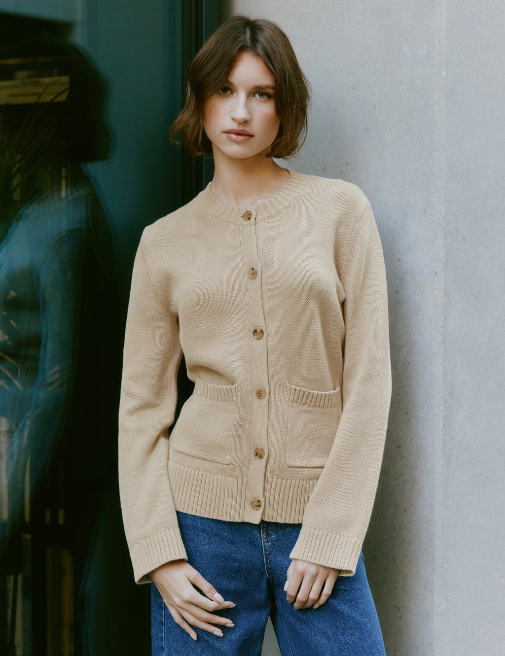Albaray Women's Pure Cotton Crew Neck Fitted Cardigan - 10 - Stone, Stone