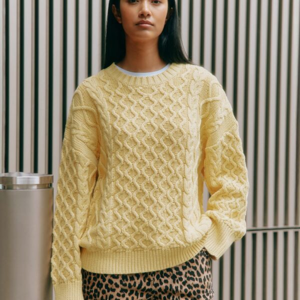 Albaray Women's Pure Cotton Cable Knit Crew Neck Jumper - 12 - Lemon, Lemon