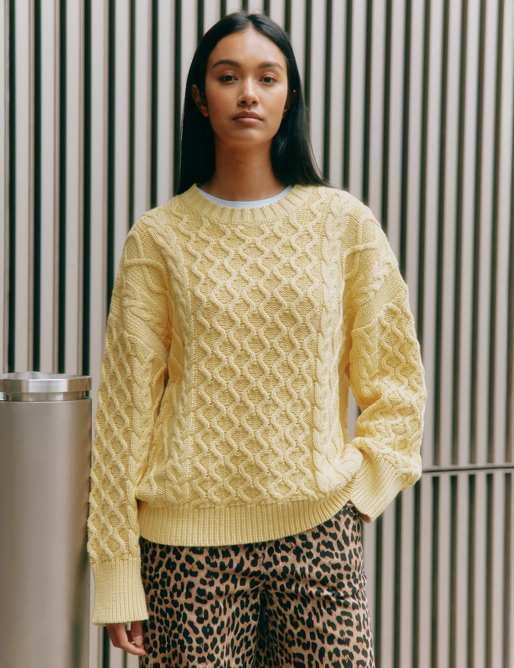 Albaray Women's Pure Cotton Cable Knit Crew Neck Jumper - 12 - Lemon, Lemon
